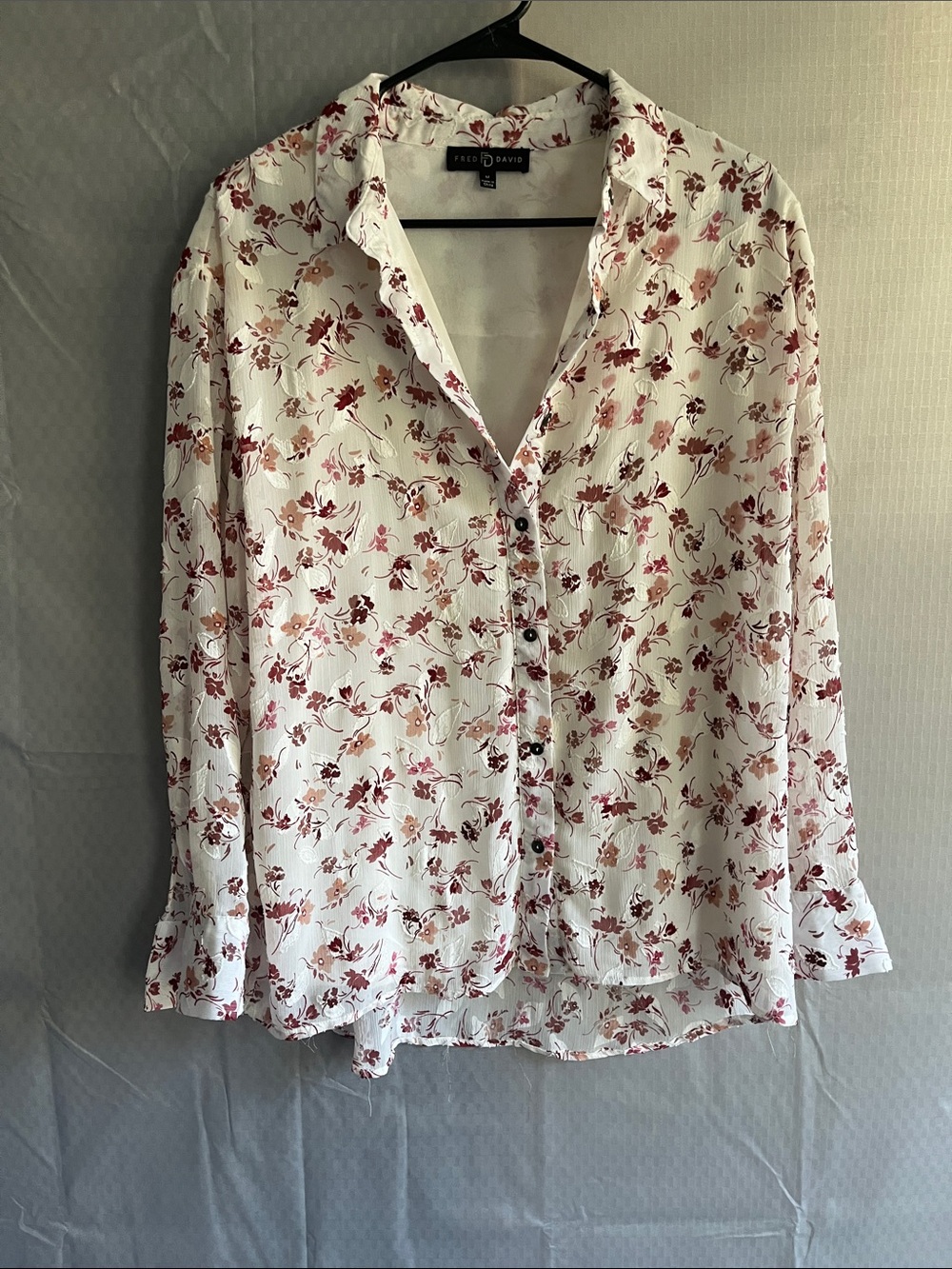 Fred David White Button-Down Blouse with Pink and Red Floral Print